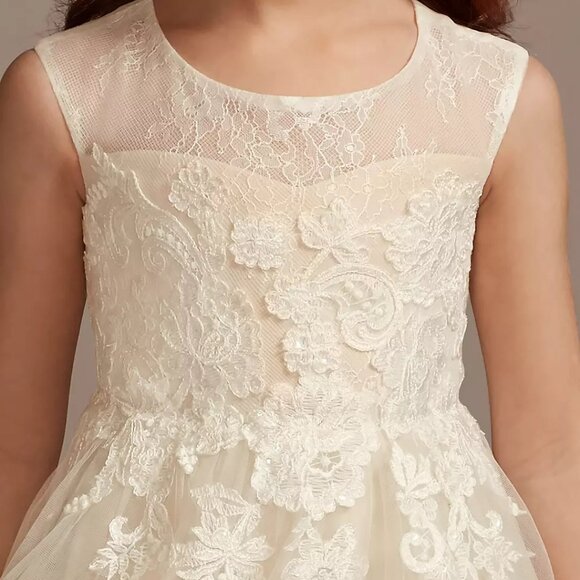 David's Bridal Lace Illusion & Tulle Flower Girl Dress WG1411 Ivory/Champagne 2T - Picture 2 of 12